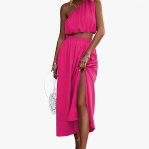 2 Piece Outfits Tie Knot One Shoulder Tank Top High Waist Side Split Maxi Skirt